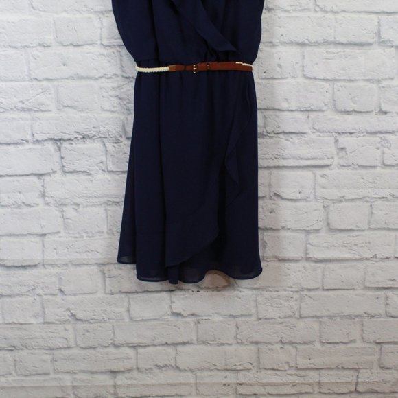 IZ BYER Navy Halter V Neck Ruffle Belted Faux Wrap Rustic Dress Size XL - Picture 3 of 10